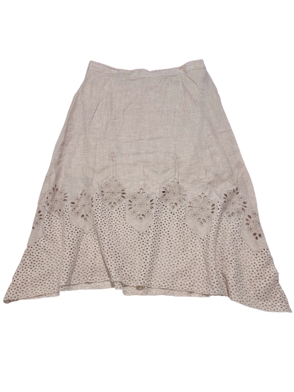 Chicos 100% Linen Handkerchief A Line Skirt Embroidered Crochet Eyelet 12 14